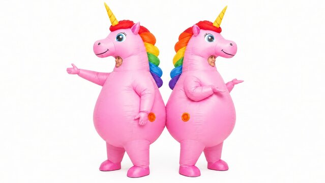 Two large, inflatable pink unicorns with rainbow manes, showcasing a playful and whimsical design, perfect for parties or events.