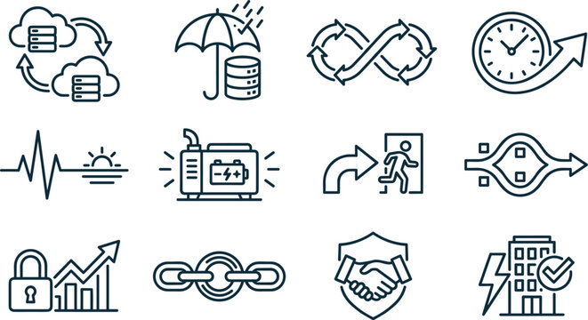 Business Technology and Security Line Icons Set with Cloud Backup, Data Protection, Cybersecurity, Workflow, Blockchain, Performance, Reliability and Outline Vector Collection