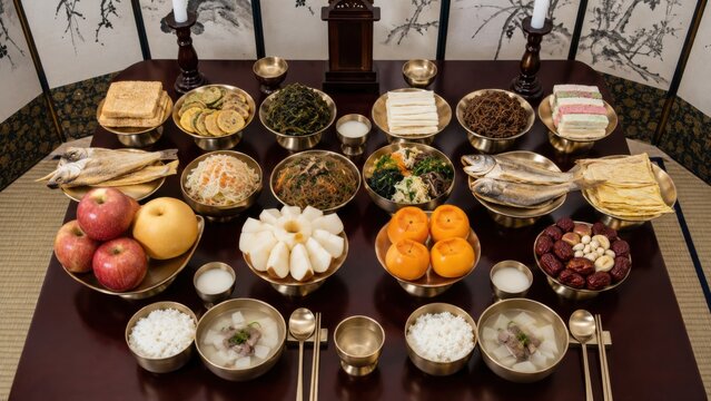 Traditional Korean Chuseok Charye ancestral table setting