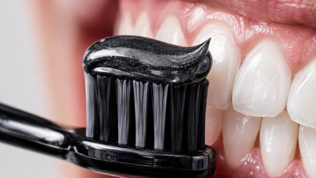 Charcoal whitening toothpaste on toothbrush against teeth