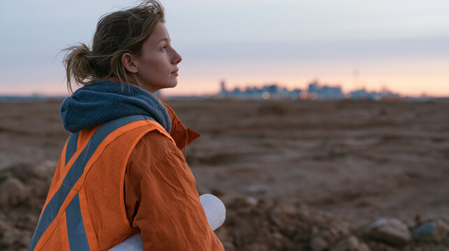 Female urban planner in high visibility vest surveying a desolate cleared brownfield site at dawn, wide establishing shot showing the vast empty plot against a distant skyline,