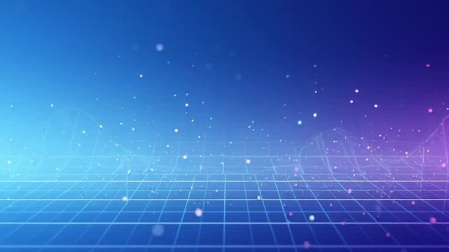 Futuristic digital grid landscape with glowing particles and abstract blue and purple gradients