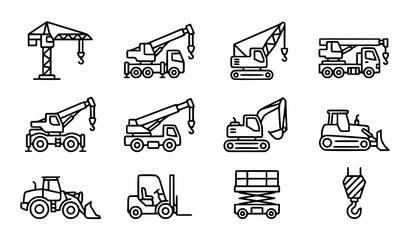 Cranes construction machinery and heavy equipment editable outline icon collection © Jahangir