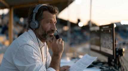 Obraz premium Sports commentator at a twilight stadium broadcast position reviewing a semiconductor fabrication documentary on a monitor between matches, before and after stadium capacity