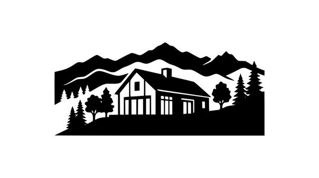 Minimalist mountain cabin silhouette illustration with pine trees and peaks