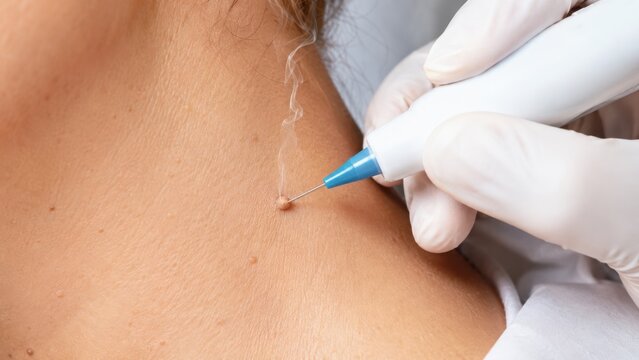 Skin tag removal procedure using electrocautery pen on neck