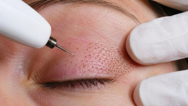 Plasma pen fibroblast treatment on upper eyelid macro