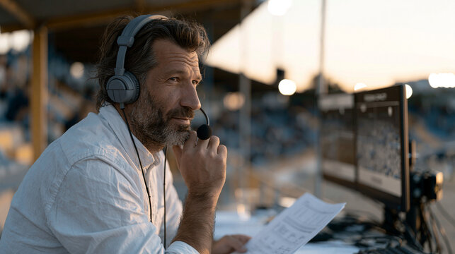 Sports commentator at a twilight stadium broadcast position reviewing a semiconductor fabrication documentary on a monitor between matches, before and after stadium capacity