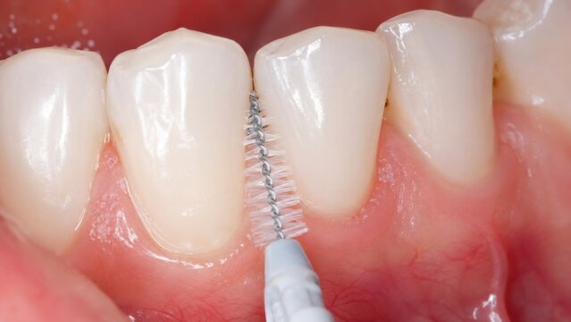 Close-up of interdental brush cleaning between teeth