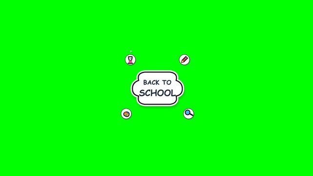 Animated Back to School Text with Educational Icons on Green Screen.