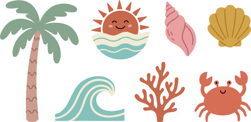 Cute Summer Beach and Ocean Elements Vector Set with Palm Tree, Sunset, Wave, Coral, Crab, Seashell and Tropical Clipart Collection © Danial