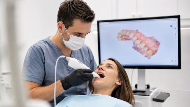 Dentist using intraoral scanner wand for 3D digital dental scan