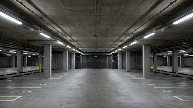 Empty underground parking garage with concrete floor and led lights