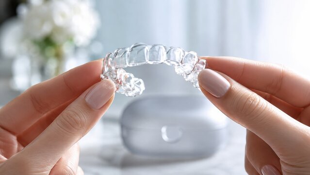Woman holding clear dental aligner with case in background