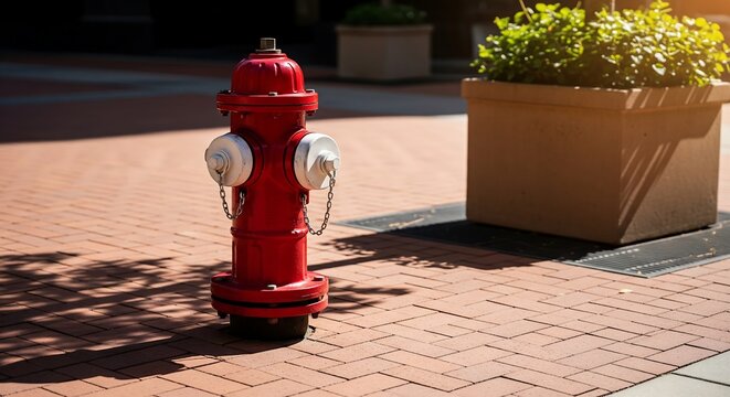 Red fire hydrant on a city sidewalk with plants