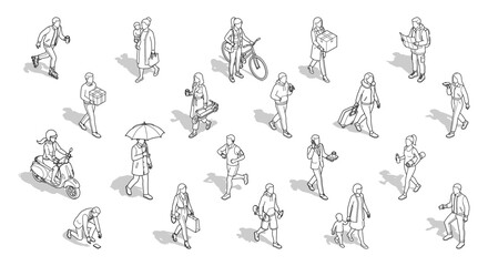 Isometric people line art vector silhouettes   Diverse figures walking and commuting with shadows for architectural CAD site plan visualization © Stocklume