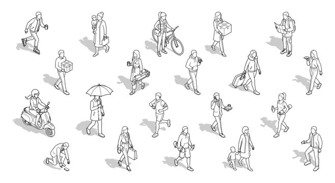 Isometric people line art vector silhouettes | Diverse figures walking and commuting with shadows for architectural CAD site plan visualization