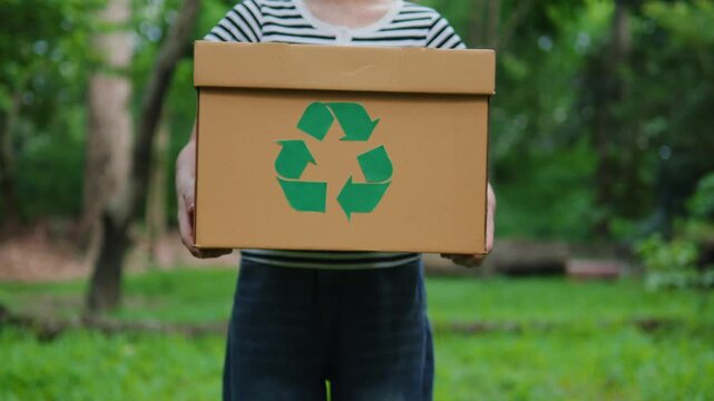 Young Asian woman volunteer holding a recycling box in the park. Concept of recycling, environmental protection, sustainability, zero waste, and ESG strategy on green natural forest background.