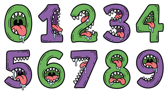 Playful handwritten script font monster numbers 0 to 9 with teeth and tongues set