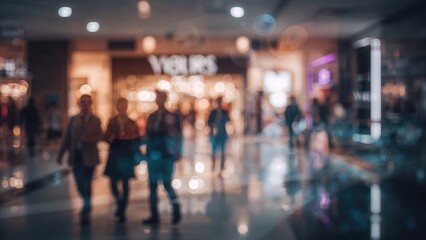 Fototapeta premium People walking inside a shopping mall or commercial space with blurred background and lighting effects.