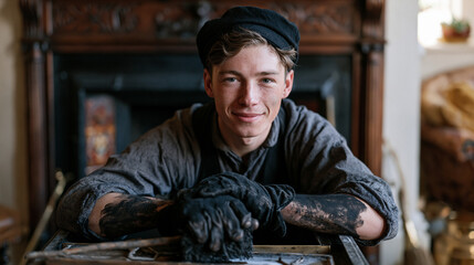 Obraz premium Chimney sweep emerging from a narrow Victorian fireplace in a modest terraced house living room, soot coating their forearms in a candid unposed moment, electronics assembly
