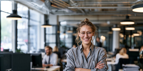 Fototapeta premium confident businesswoman standing in a modern open office, smiling professional woman with colleagues in contemporary workplace, successful female professional portrait in a busy modern office