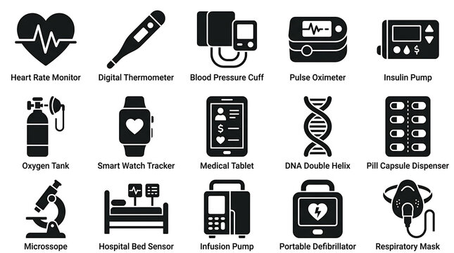 Medical Equipment Digital Health Monitoring Biotech Devices and Clinical Tools Vector Icons Set