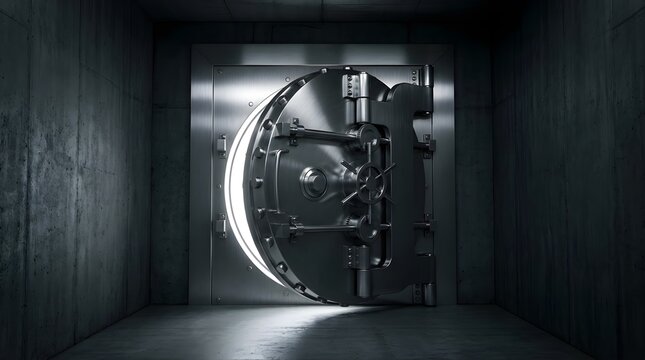Massive metal bank vault door opening in a dark concrete room background