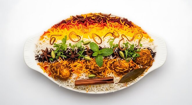 Biryani Feast: A vibrant and aromatic mound of biryani, showcasing layers of fragrant rice and tender meat, garnished with fresh herbs and whole spices, presented on a white platter.