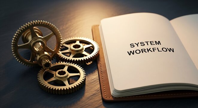 System workflow concept with metal gears and open book