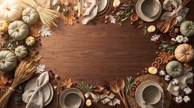 Autumn harvest table setting with pumpkins wheat and fall foliage on wood