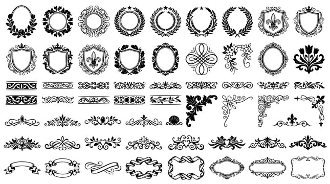 Elegant Decorative Monograms and Calligraphic Borders Vector Set for Wedding Invitations and Graphic Design EPS 10