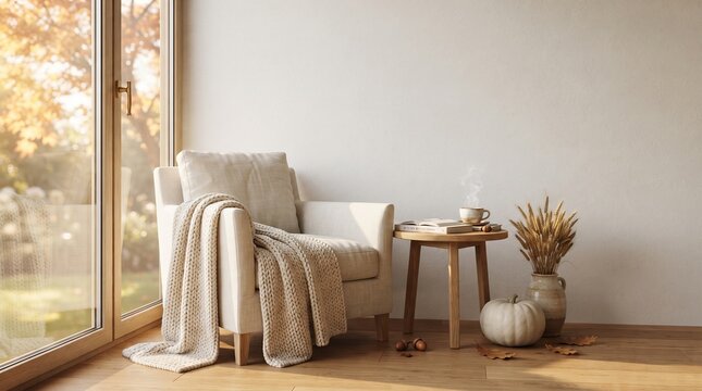 Cozy armchair with blanket and autumn decor near a window with fall foliage