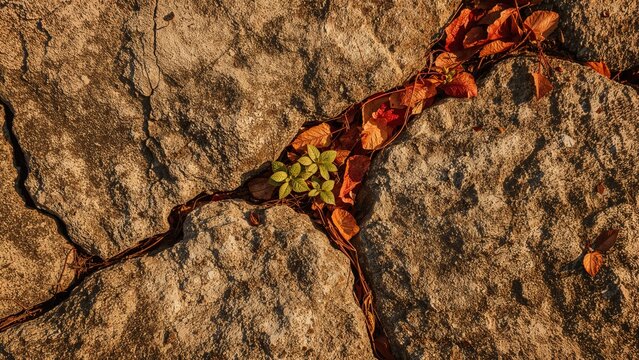 A crack in the rocks with dried leaves and a small green plant growing in a narrow gap.