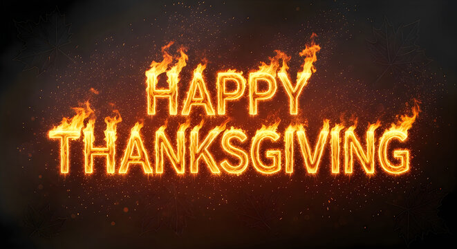 Fiery glowing text design wishing a happy thanksgiving day on a dark textured background for holiday greetings