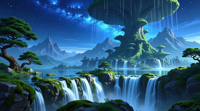 Giant glowing tree stands in magical night landscape with cascading waterfalls, blue starry sky. Majestic mountain scenery features flowing water streams rocky hills, rich mossy vegetation. Dreamlike