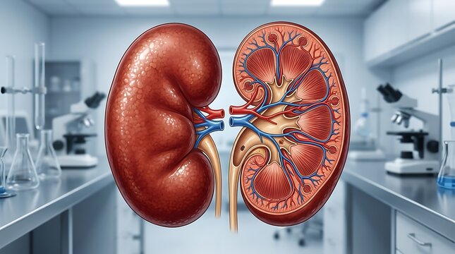 Human kidney anatomy model showing external and internal structures