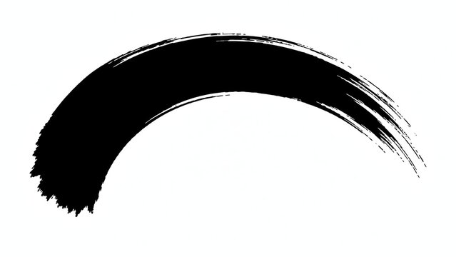 A bold black brush stroke arcs across a white background, suggesting movement and creativity