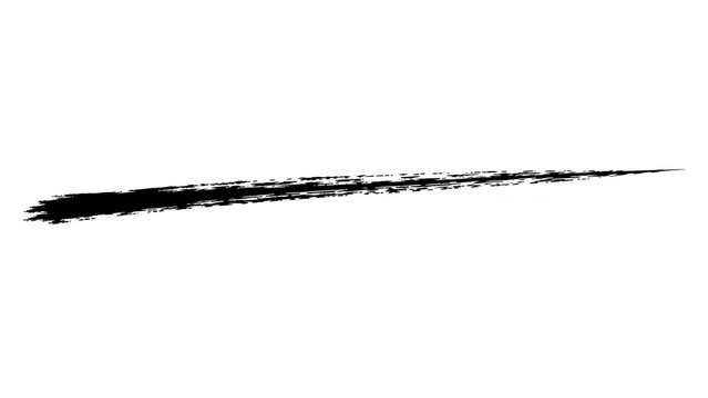 A stark black brush stroke against a clean white background. The stroke starts wide and tapers to a fine point, exhibiting a raw, artistic quality