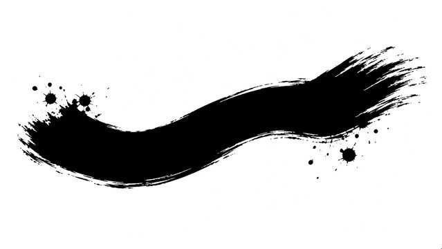 Abstract black ink brush stroke with splatters. Dynamic and artistic design element.