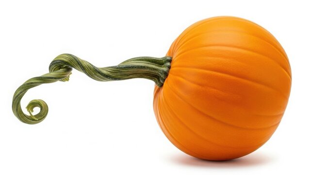 Single orange pumpkin with green stem isolated on white background