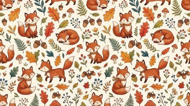 Cute fox pattern with autumn leaves and acorns. Seamless woodland animal forest wallpaper.