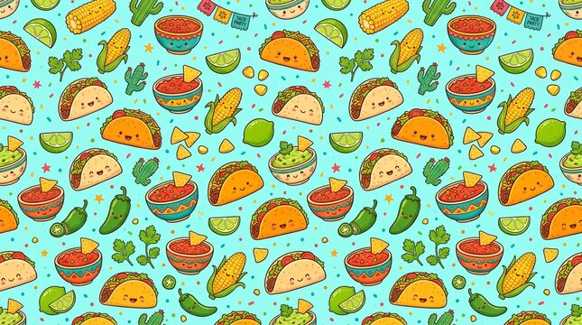 Seamless taco pattern with cute food icons. Mexican food background with cartoon tacos.