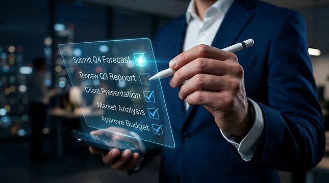 Businessman checking mental health checklist. Professional using digital tablet interface.