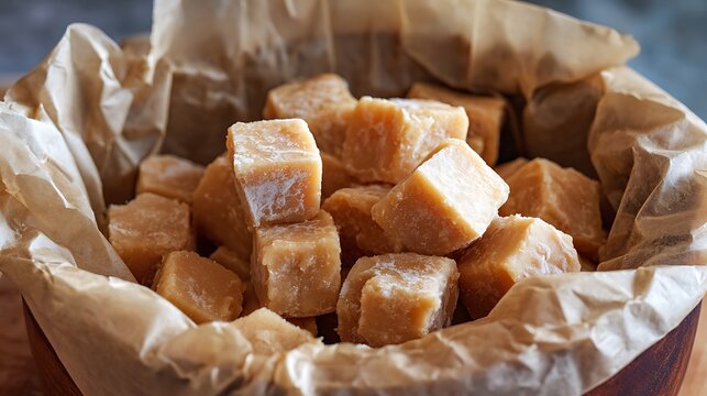 Homemade vanilla fudge chunks wrapped in parchment paper