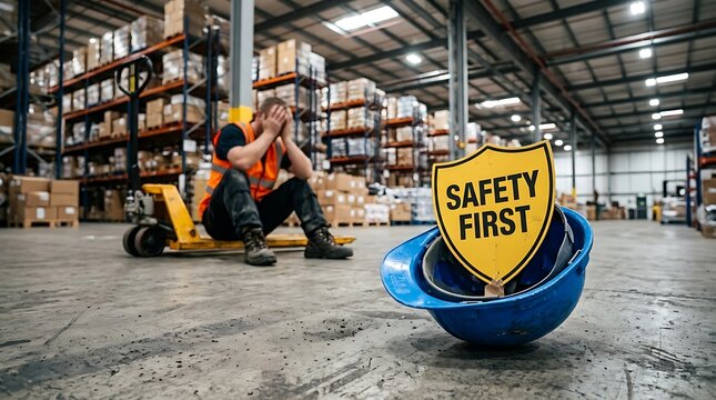Stressed warehouse worker sitting on floor. Mental health crisis in industrial workplace.