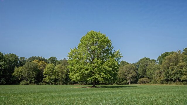 A large green tree standing alone in a grassy field with a clear blue sky and surrounding trees in the background.