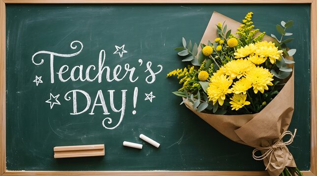 Beautiful bouquet of yellow flowers on a chalkboard with handwritten text for teachers day celebration
