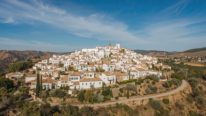 Obraz premium A hilltop town with white buildings, set against a blue sky and surrounding landscape.