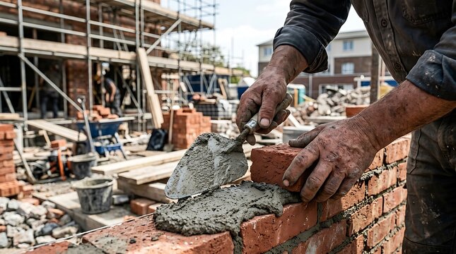 Professional bricklayer building a brick wall on a construction site, mason using a trowel and mortar, industrial building process and masonry work